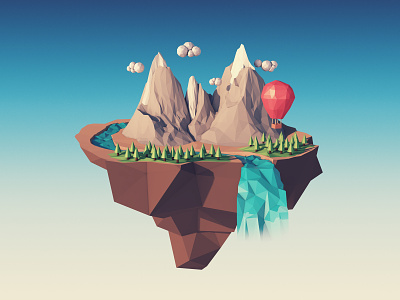 Island In The Sky 3d cinema 4d floating island hot air balloon lowpoly