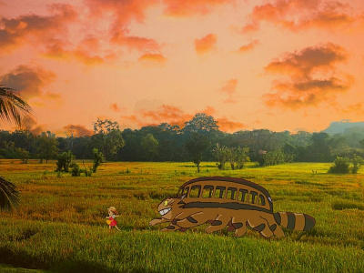 Mei and Cat Bus adobe photoshop anime art artwork cartoon cat character digital digital art digitalart my neighbor totoro photoshop art photoshop editing studio ghibli sunsets