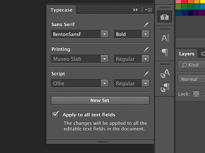 Photoshop Typecase Extension adobe app application black browse collections cs6 dark design edit extension fonts group new panel photoshop ps sets settings text type typecase typeface typefaces