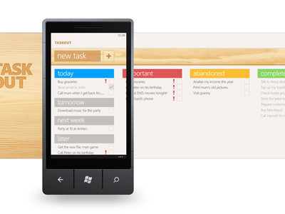 Taskout Windows Phone App 7 app application design do important list metro mobile phone photoshop reminders tasks things to to do todo ui white windows wip wood