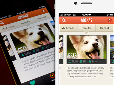 Blaffin Arenas Mobile app application blaffin competitions design header ios iphone list menu network orange photoshop search social tilted