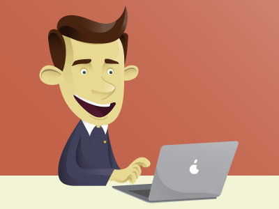 A guy in a sweater on a computer. character illustration vector