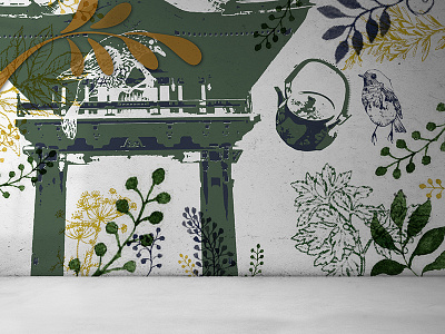 Japanese tea garden inspired cafe wall covering