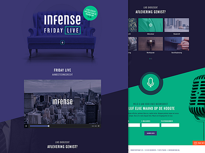 Infense Friday Live big design green images logs one pager purple video web