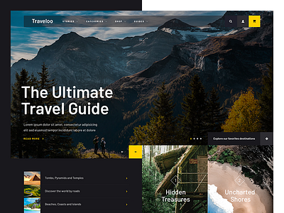 Traveloo dark lists photography travel web design yellow