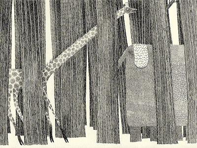 Forest animals elephant giraffe illustration pen and ink