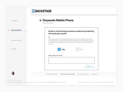 backstage - procurement screen branding button checkbox compliance corporate desktop digital flat design form geometric interface logo menu minimal outsourcing questionnaire steps ui ux web