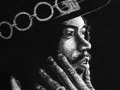 Jimi Hendrix on a Scratch-Board illustration