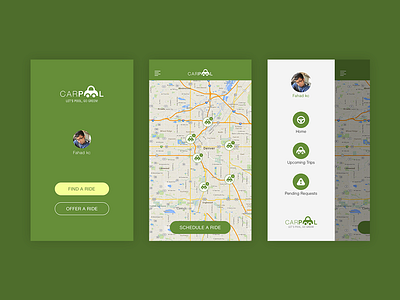 Carpool App carpool fahaddesigns gogreen landing map menu offer ride ui ux