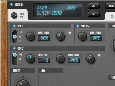 Patch browser and oscillator section interface synth synthesizer