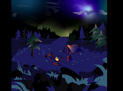 Night Camp adobe illustrator atmosphere camp camping fire forest illustration landscape moon night tent vector