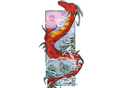 🐲Red Dragon Tattoo 红龙 🐲 2022 china chinese dragon illustrator mountain nostalgia photoshop sketch sunset tattoo 平面设计 红龙