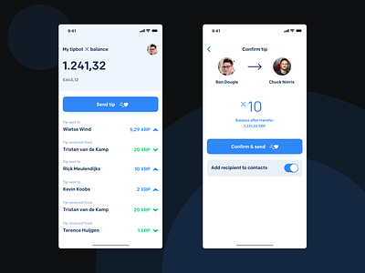 XRP Tipbot app: home and confirmation screens. banking blue clean crypto cryptocurrency design ixd minimal mobile app ripple send money tipbot transfer ui xrp