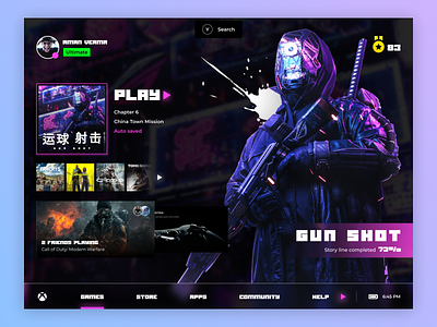 Xbox UI Concept 3d card clean cyberpunk darkmode dashboard free funk game gamedesign landingpage minimal neon play typography ui uidesign web webapp xbox