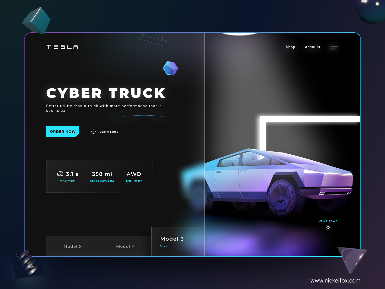 Cyber Truck Landing Page by Aman Verma for Nickelfox UI/UX Design on