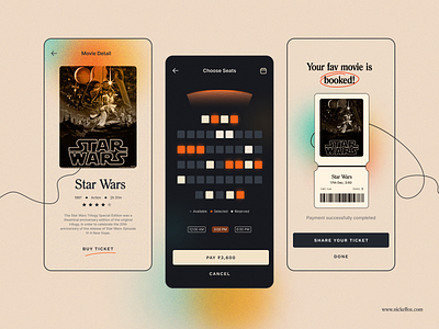 Cinema Booking App 🎫 app barcode booking buy cinema clean dark mode film gradient grain minimal mobile movie payment poster retro star wars ticket ui uidesign