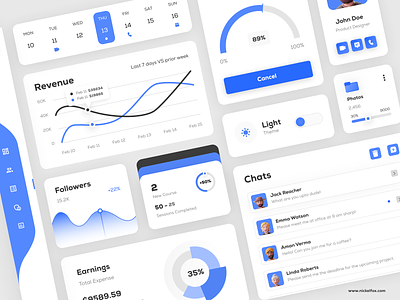 UI Component blue calendar call cards chart chat clean dashbaord drive graph isometric minimal navigation notification settings status theme ui component video call white