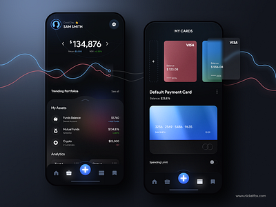 Trading & Payments App 3d blue branding cards creditcard crypto dark darkmode debitcard figma glassmorphism gradients graph invesment mobileapp mutual funds nft payments trading uiux