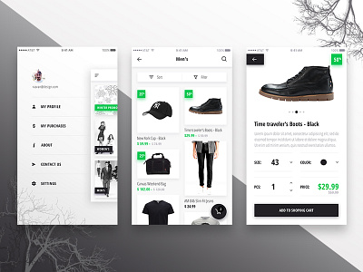 E-commerce App Concept e commerce ios left menu product detail page products page
