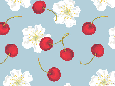 Cherry blossom pattern berries berry bloom blossom blue botanical botany cherries cherry cherry blossom cherry flowers floral floral illustration flowers red ripe spring springtime vector vector illustration