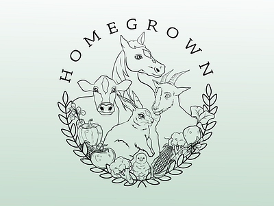 Homegrown branding broccoli bunny carrot chicken corn cow design farm animals food goat homestead horse leaves logo outline tomato vector vegetables wheat