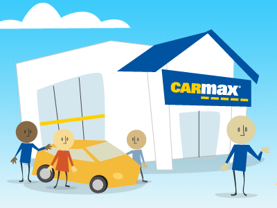 Carmax Lot blue building car lot carmax cars cartoon cloud customer service illustration people