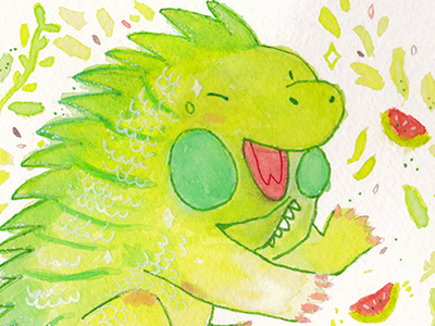 My Little Dinosaur animal character design iguana painting traditional watercolor