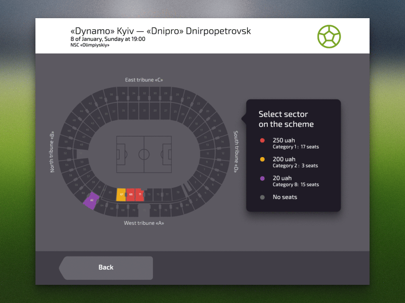 Ticket Purchase Screen animation clean dark football gif kiosk map minimal purchase stadium terminal ticket