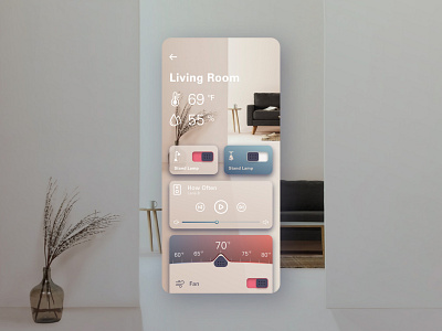 Smart Home Controls (Design Challenge #10) app daily challange daily ui flat layout light media media player smarthome thermostat ui