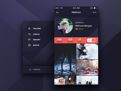 Profile screen app design grid material menu mobile photo profile side out ui user ux