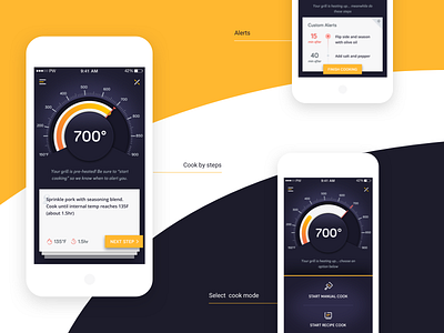 Cook mode - grill app screens alert app cards cook dial grill iot notification popup recipe ui