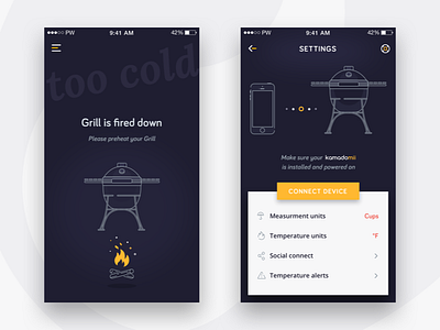 Cooking app settings app cooking dark design flat interface iot mobile phone recipe ui ux