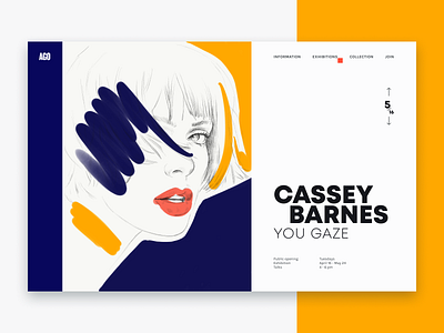 Exhibition page art blue design drawing face illustration page typography ui web woman yellow