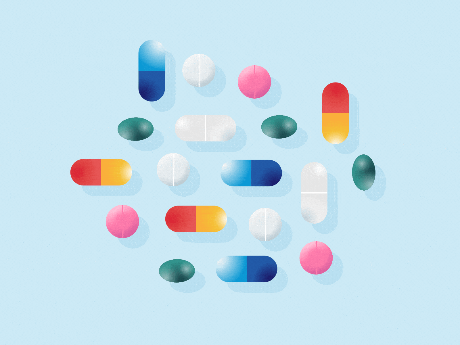 Colorful pills 💊 animation color contrast doctor health health care healthcare illo illustration medical care motion motion graphics pills shapes texture vector