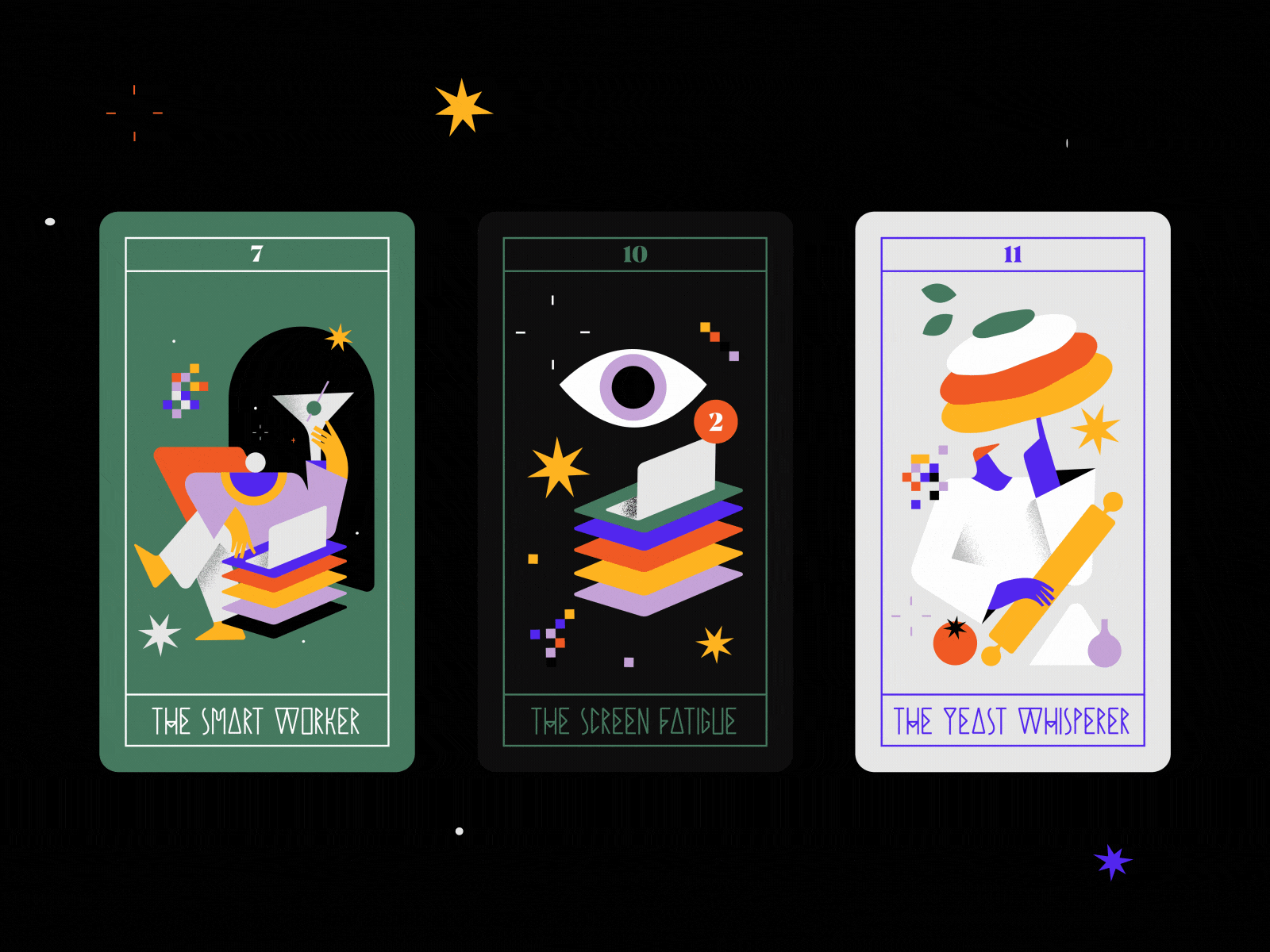 Flipping tarots animation card character covid deck drink eye flip geometry gif illo illustration loop motion motion graphics pandemic pizza remote work shapes tarot