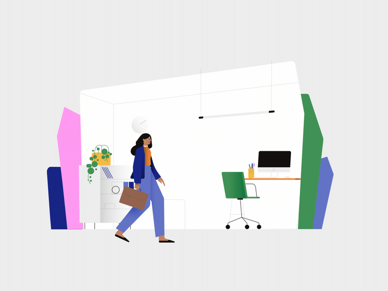 Scene transition while girl walking animation character character animation flat future geometry grow home illo illustration motion motion graphics office scene illustration shapes transition walkcycle walking