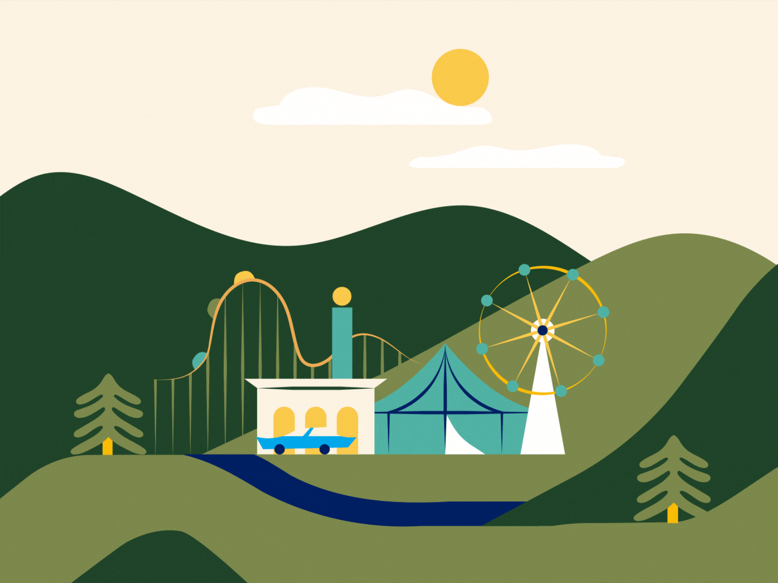 Luna park 🎡 2d animation funfair game gif hill illo illotv illustration luna park motion motion graphics party shapes transition tree