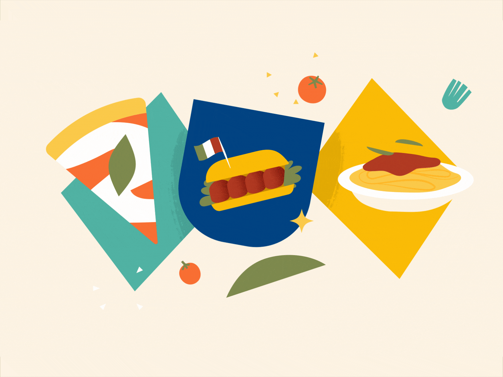 Italian food 🍕 2d animation design food gif hungry illo illustration motion motion design motion graphics pizza shapes spaghetti transition video