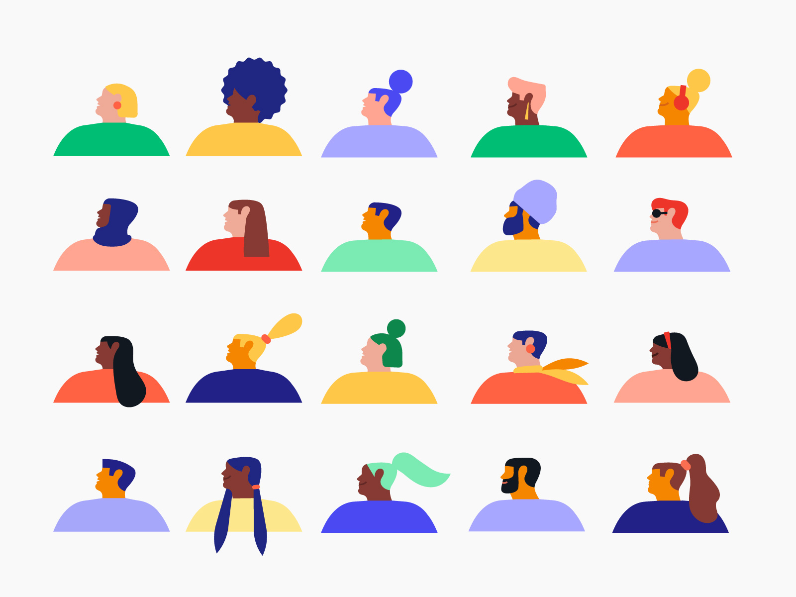 Diversity through characters character character illustration color colorful design difference diversity geometric hair hairstyle hairstyles head illo illustration illustration syste inclusion inclusivity minimal shapes simplistic