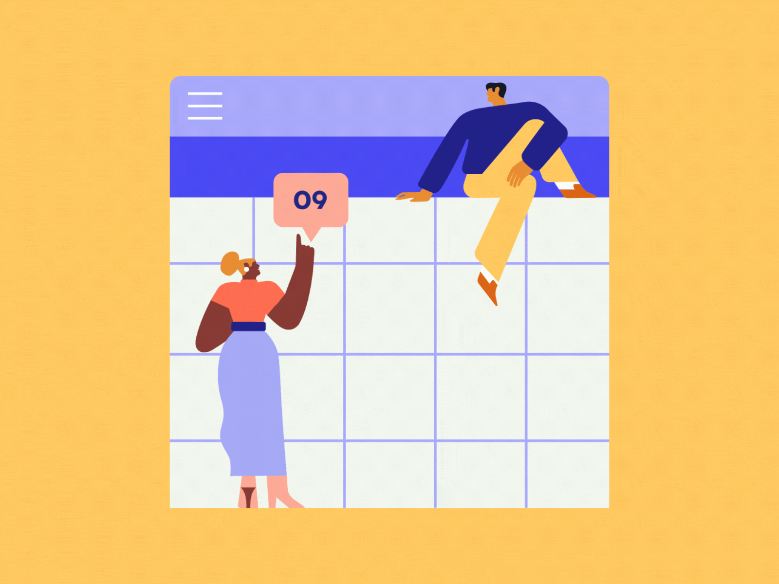 Scheduling 🗓 2d animation calendar character character animation character design date design gif illo illustration motion motion graphics schedule shapes ui woman