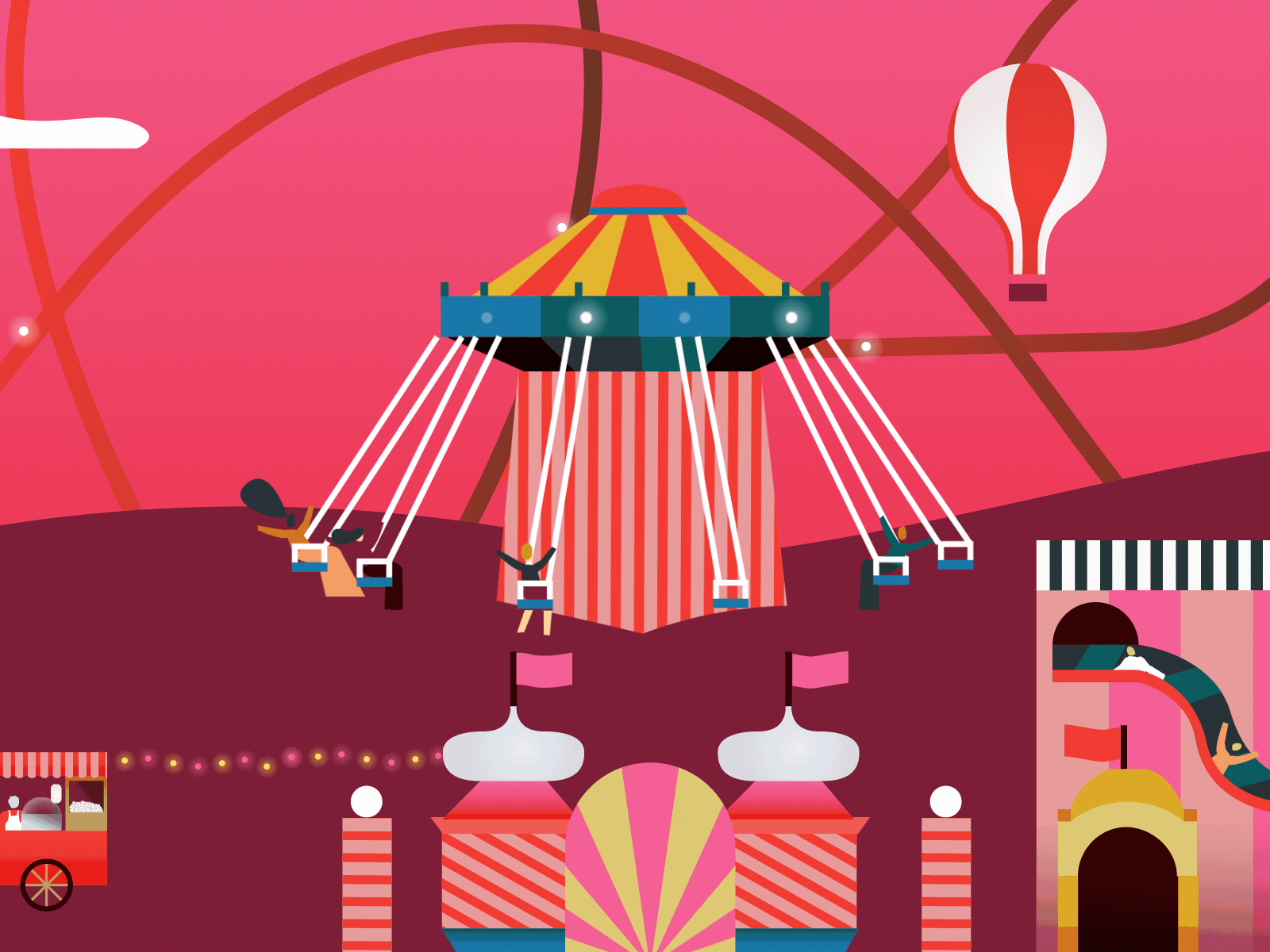 Pink carousel animation carousel character flat fun illo loop luna park motion motion graphics pink playground roller coaster vector