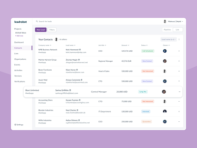 Leadrobot CRM - Lead list analytics app design minimal sales uxui web webapp