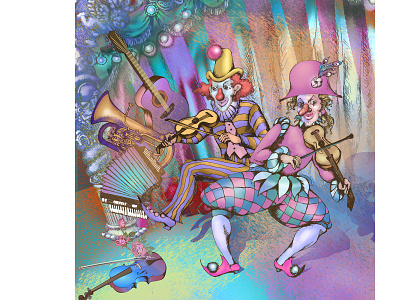 violinists book illustration carnival circus clown fairy tale fantasy illustration mask
