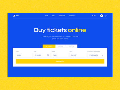 Buy tickets online / Landing page air plane blue bright design digitalbutlers graphic design inspiration landing page minimal plane tickets typography ui yellow