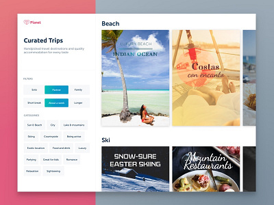 Planet Curated Trips - Web destinations filters lists scroll travel ui web