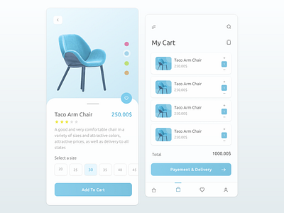 E-commerce Mobile App cart chair checkout design e commerce e commerce app mobile app mobile ui product product design product page sizes ui uidesign uxdesign