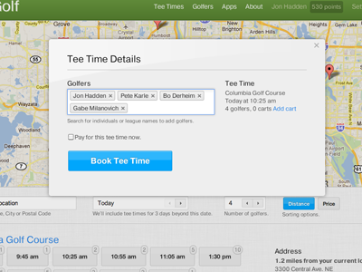 CartGolf UI - Book Tee Time Form blue dialog form green interface map ui