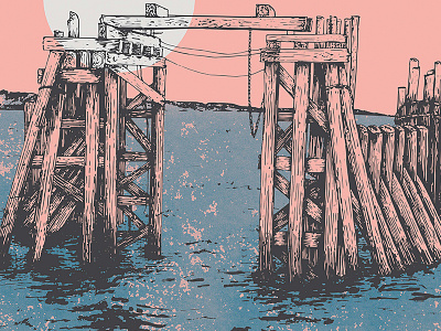 Port Townsend blue dock drawing halftone illustration illustrator mountains ocean peach pen photoshop wood