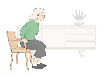 Living with Parkinson's aging chair character chest of drawers grandmother illustration living room older parkinsons plant sitting woman