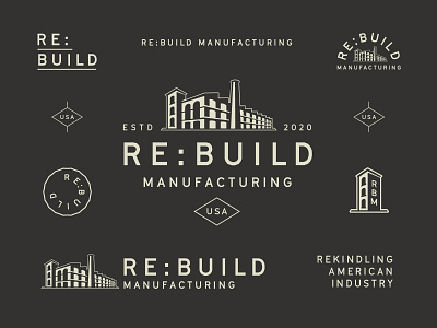 Re:Build Manufacturing Branding brand identity branding building illustration building logo factory logo logo design logo designer manufacturing old mill responsive branding responsive logo